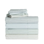 Folded Pure & Simple Sutton sheet sets stacked in blue, silver, olive and natural striped colourways.