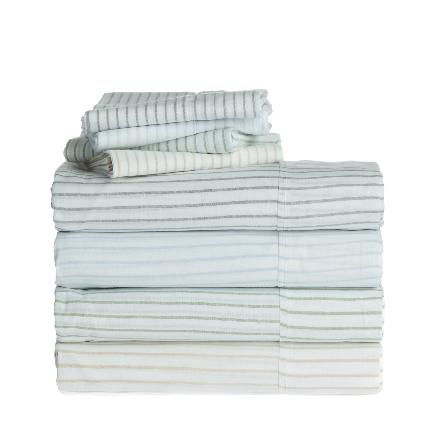 Folded Pure & Simple Sutton sheet sets stacked in blue, silver, olive and natural striped colourways.