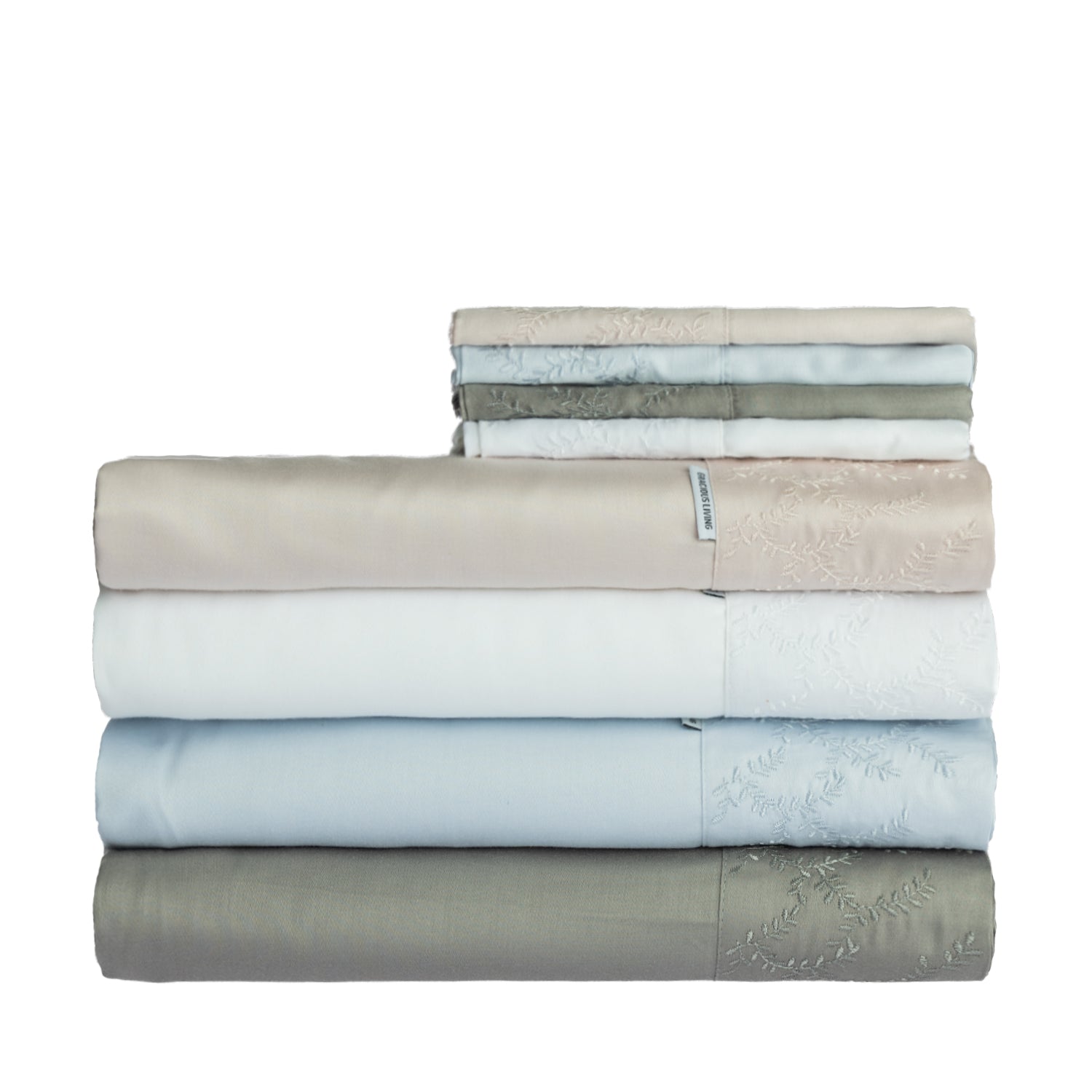 Gracious Living Celine Embroidery Sheet Set folded in multiple colours, showing the embroidered leaf cuff detail.