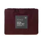 Solace Satin Sheet Set in Berry packaged with branded front label and 1200 thread count detail.