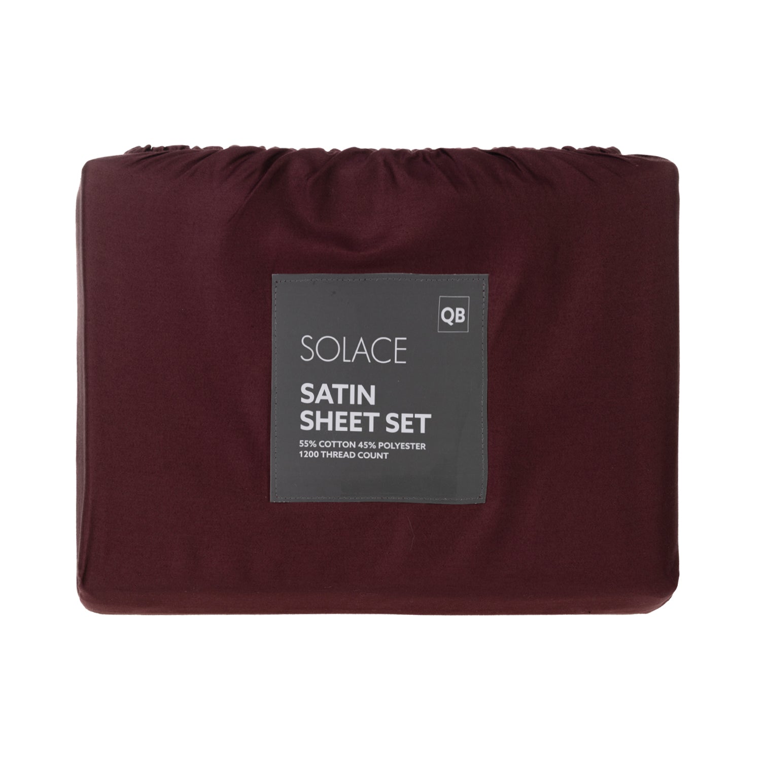 Solace Satin Sheet Set in Berry packaged with branded front label and 1200 thread count detail.