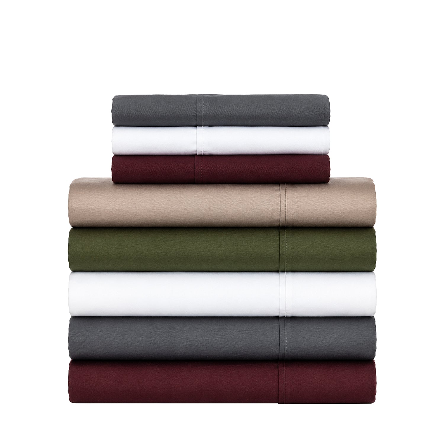 Folded Solace Satin Sheet Sets stacked together in White, Charcoal, Berry, Stone and Olive colourways.
