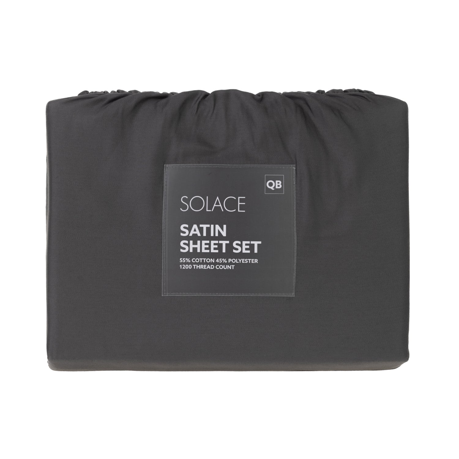 Solace Satin Sheet Set in Charcoal packaged with branded front label and 1200 thread count detail.
