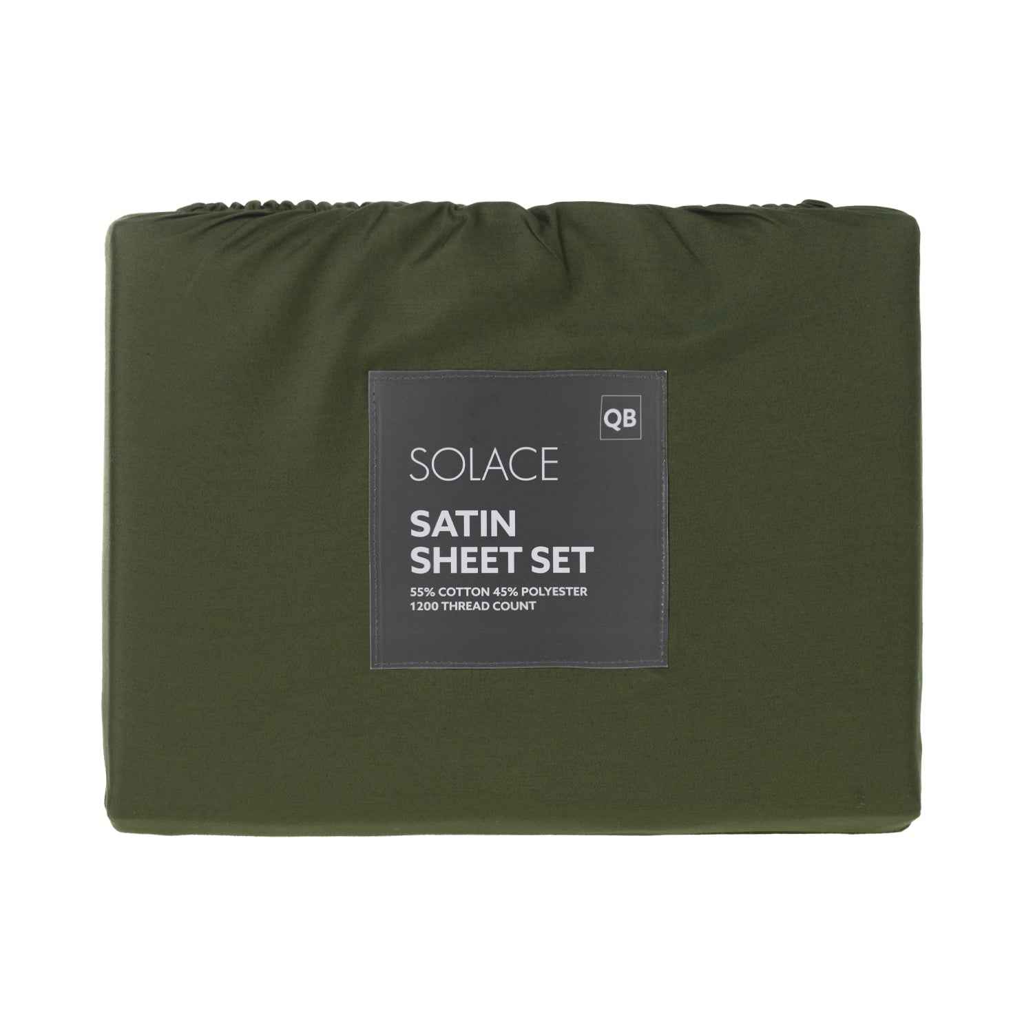Solace Satin Sheet Set in Olive packaged with branded front label and 1200 thread count detail.