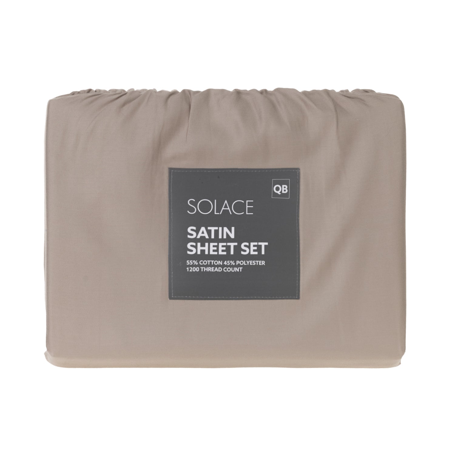 Solace Satin Sheet Set in Stone packaged with branded front label and 1200 thread count detail.