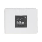 Solace Satin Sheet Set in White packaged with a front label showing 55% cotton, 45% polyester and 1200 thread count.