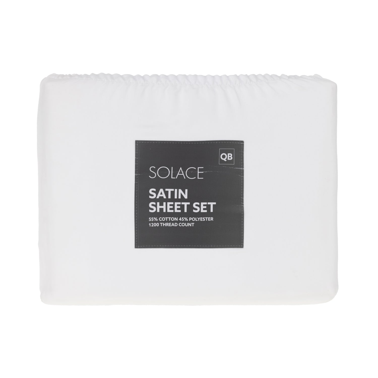 Solace Satin Sheet Set in White packaged with a front label showing 55% cotton, 45% polyester and 1200 thread count.