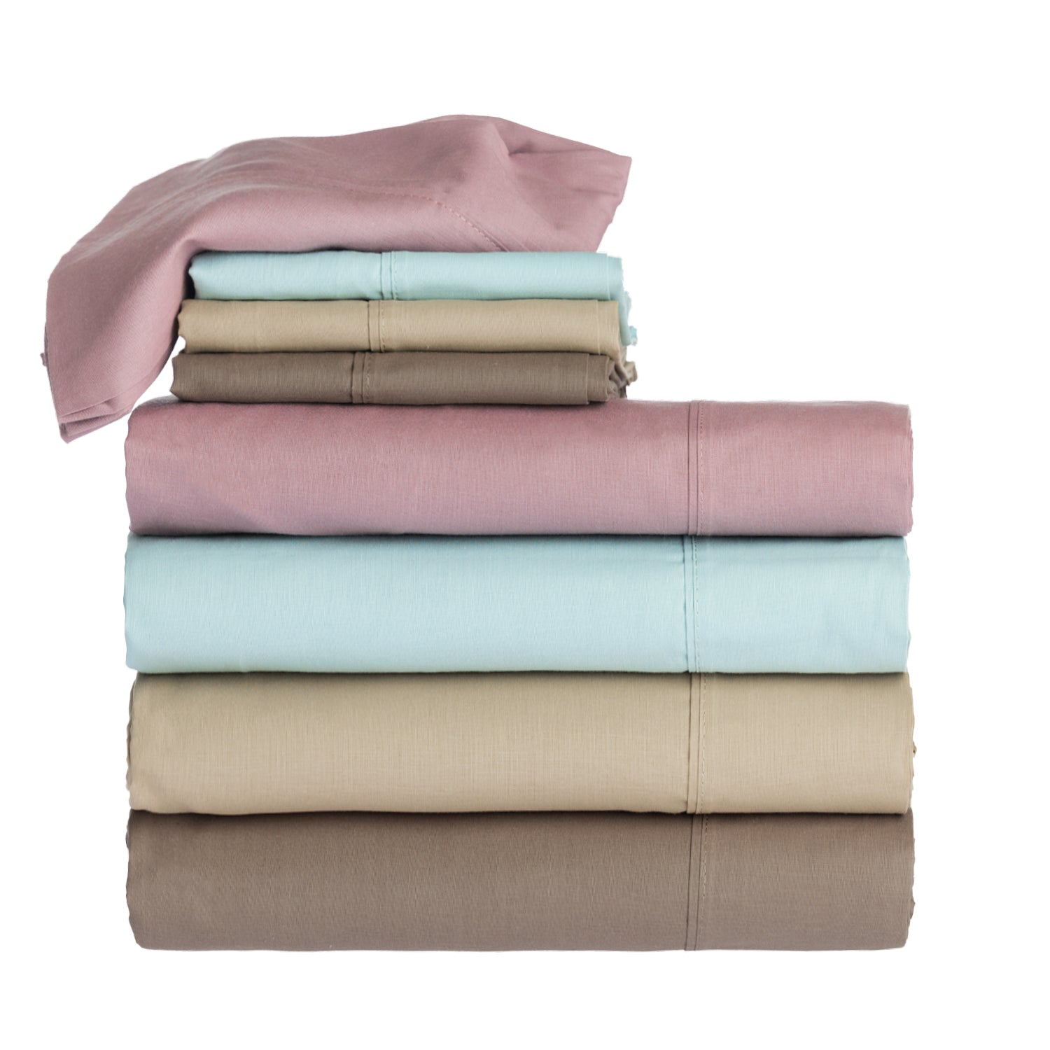 Folded Home Co. Ella 180TC Cotton Sheet Sets stacked together in Dusky Mauve, Sky Blue, Stone and Mocha.
