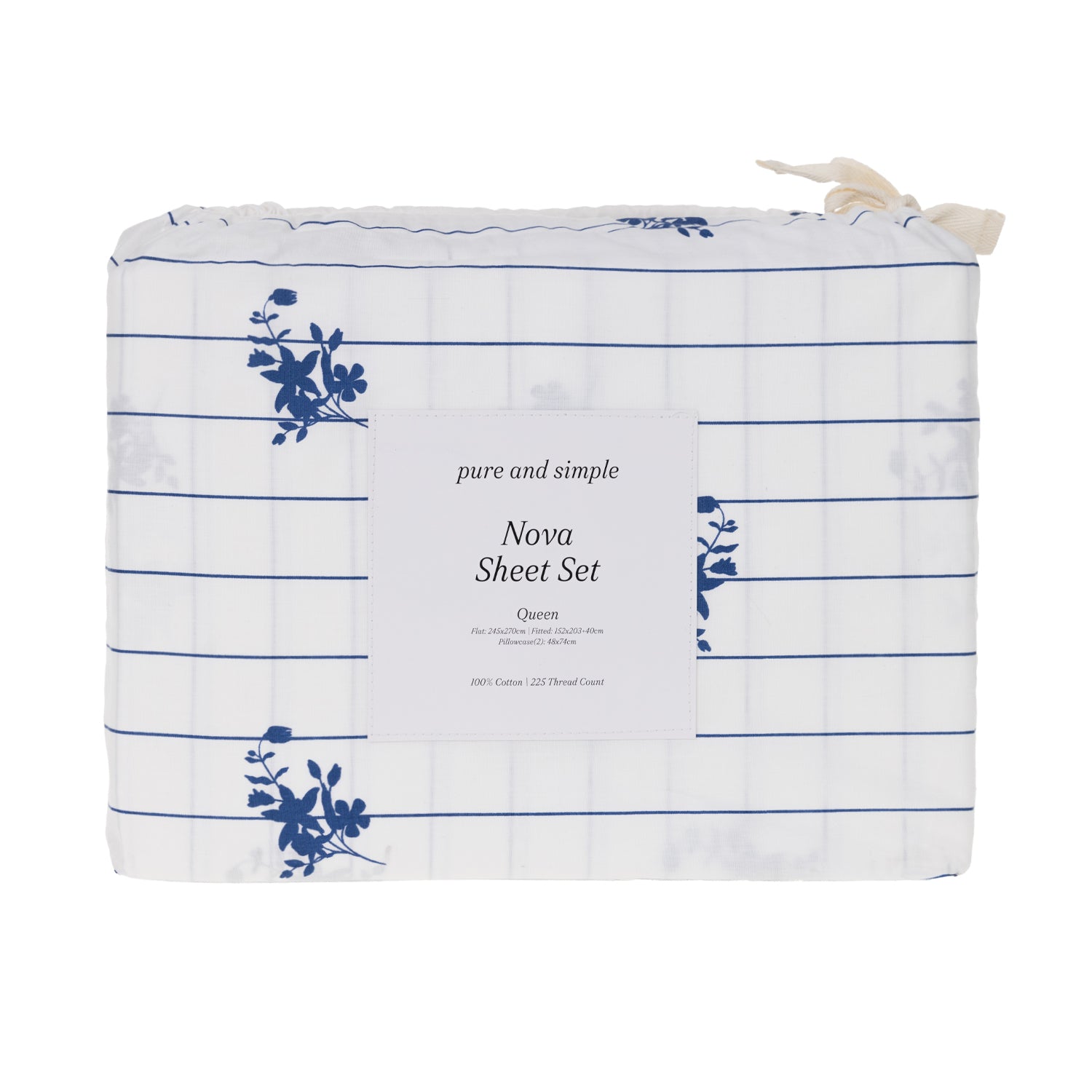 Close-up of the Pure & Simple Nova Printed Sheet Set in Blue, featuring navy vertical stripes with delicate floral motifs on a white background.