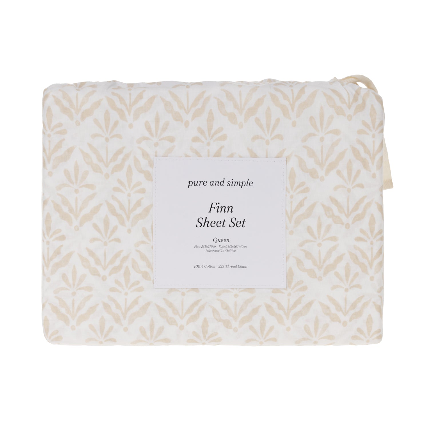 Close-up of the Pure & Simple Finn Printed Sheet Set in Natural, featuring a soft beige botanical pattern on a white background.
