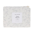 Close-up of the Pure & Simple Emma Printed Sheet Set in Silver, featuring a soft grey trailing leaf pattern on a white background.