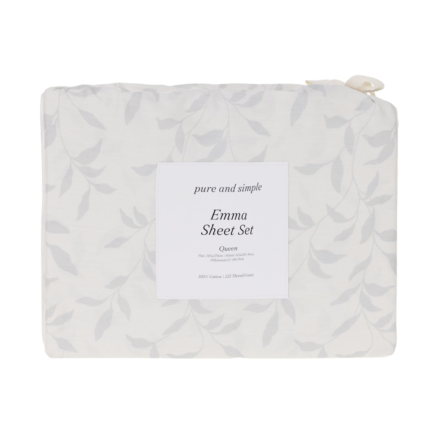 Close-up of the Pure & Simple Emma Printed Sheet Set in Silver, featuring a soft grey trailing leaf pattern on a white background.
