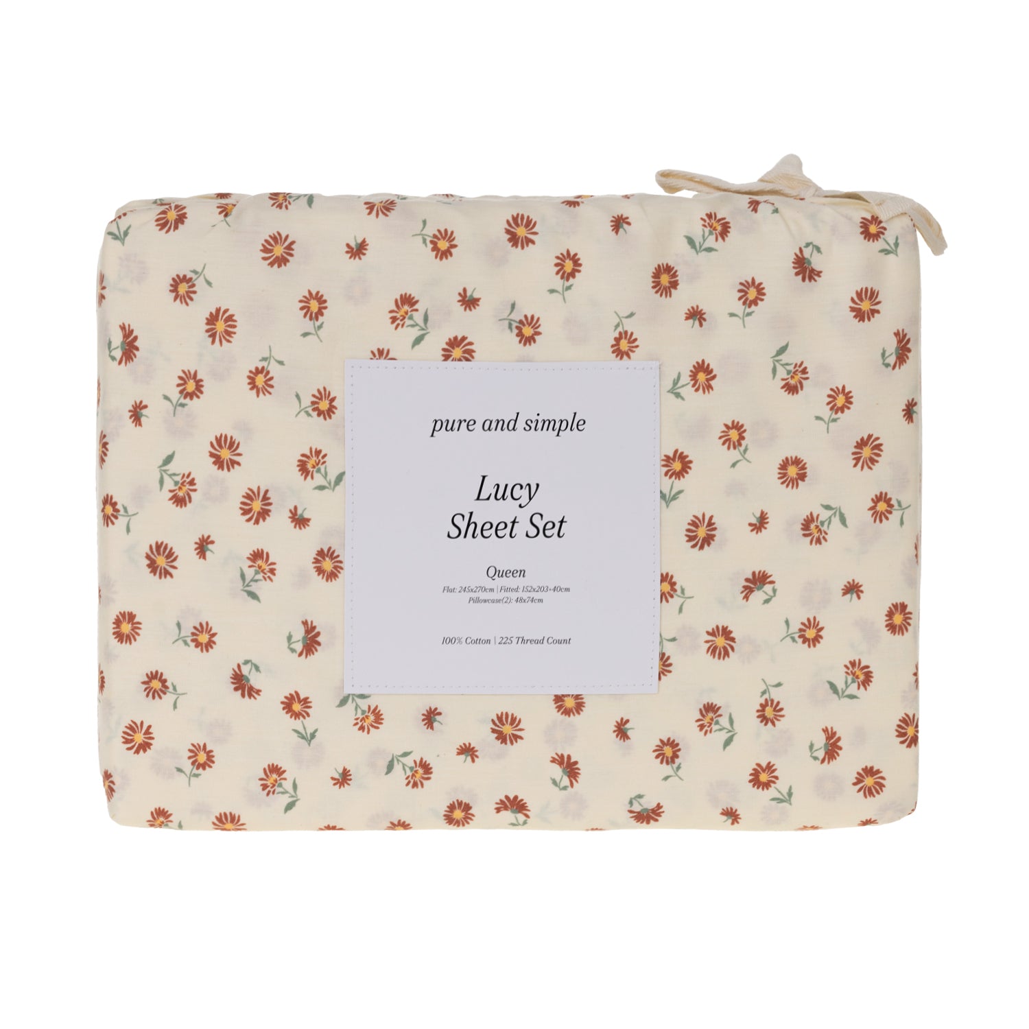 Close-up of the Pure & Simple Lucy Printed Sheet Set in Floral, featuring small rust-coloured flowers with green leaves on a warm cream background.
