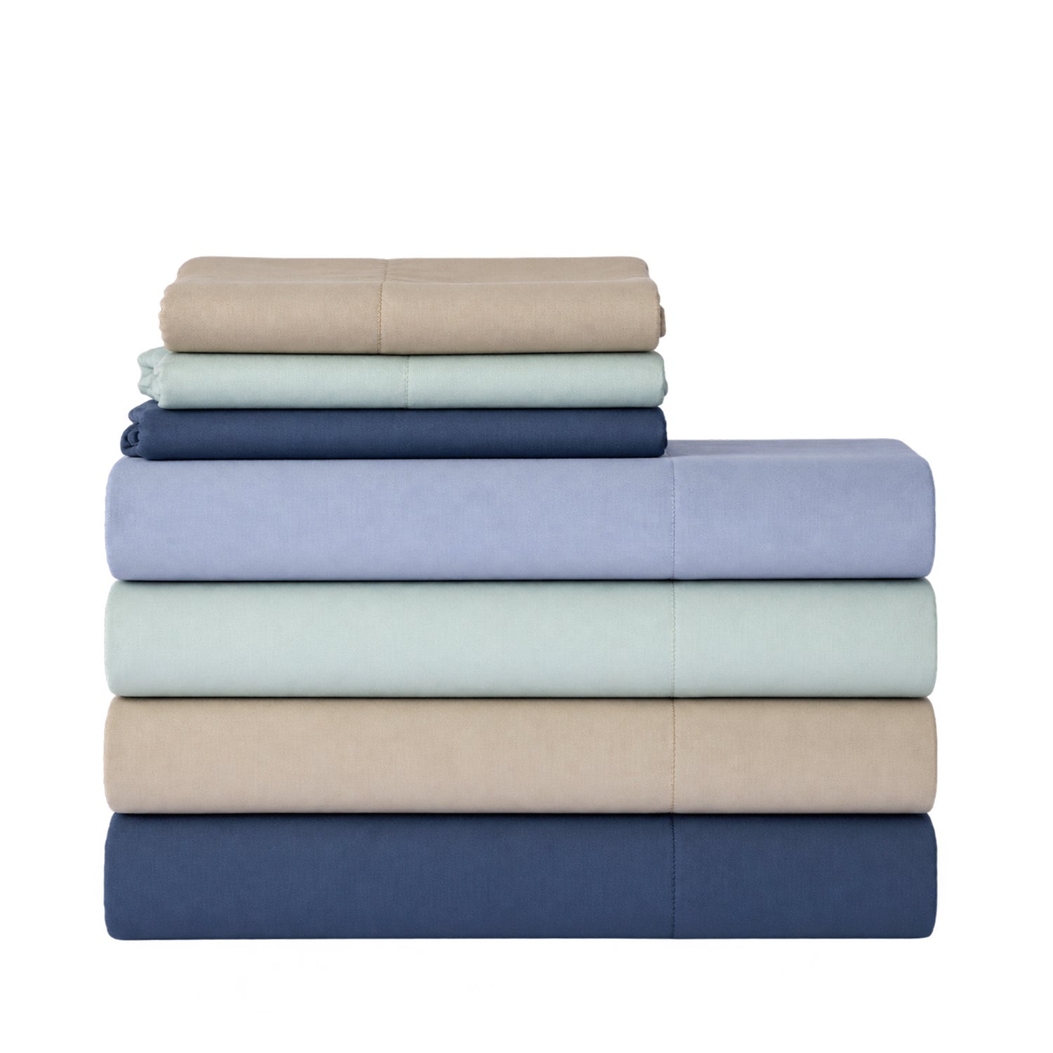 A stack of five folded bedding sheets in muted pastel and neutral colors, including Cappuccino, Mint, navy, and Purple, on a plain white background.