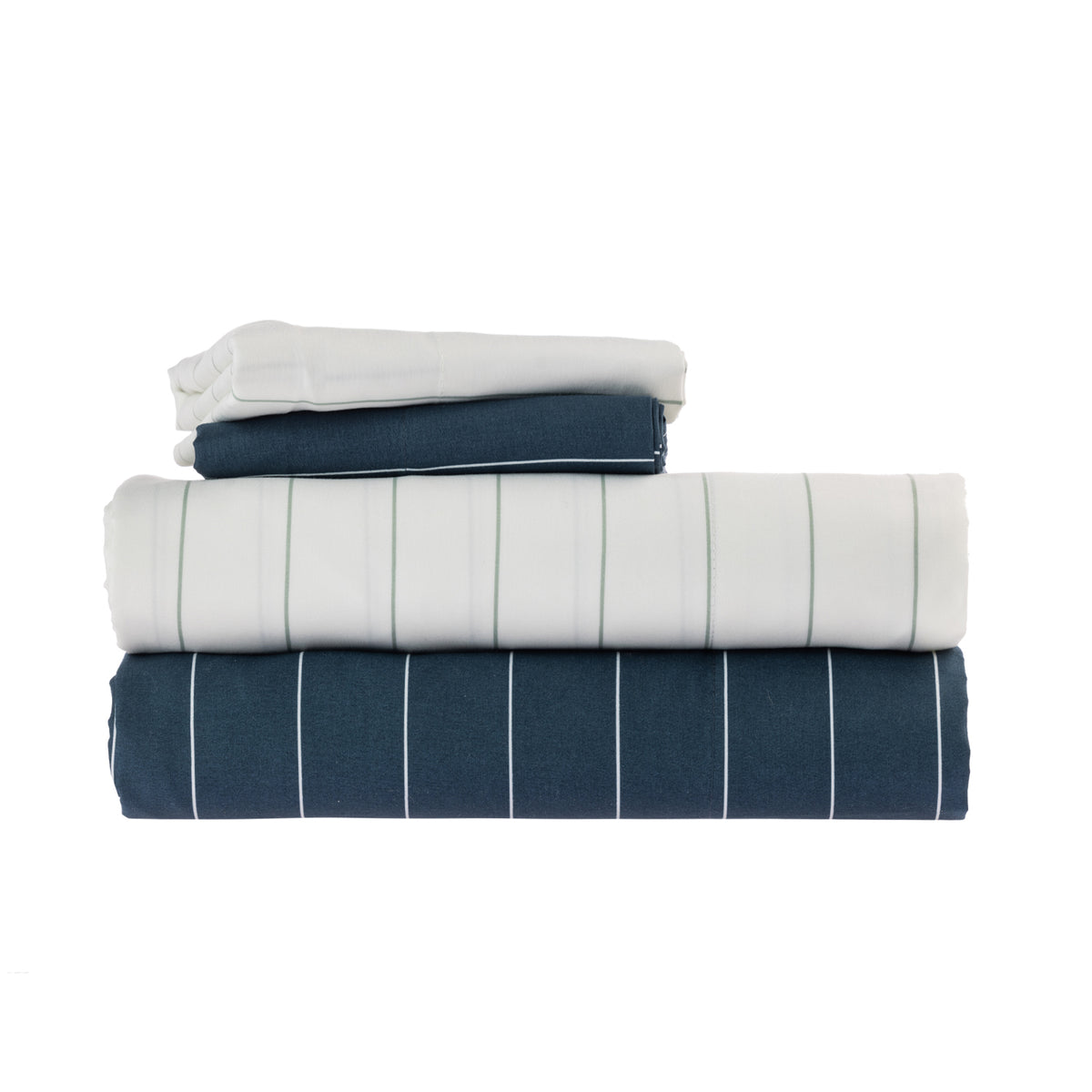 Home Co. Isabella Sheet Set shown folded in coordinating navy and white designs, featuring fine stripe detailing.