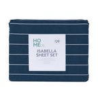 Home Co. Isabella Sheet Set in Navy, shown folded with fine white stripes and product label.