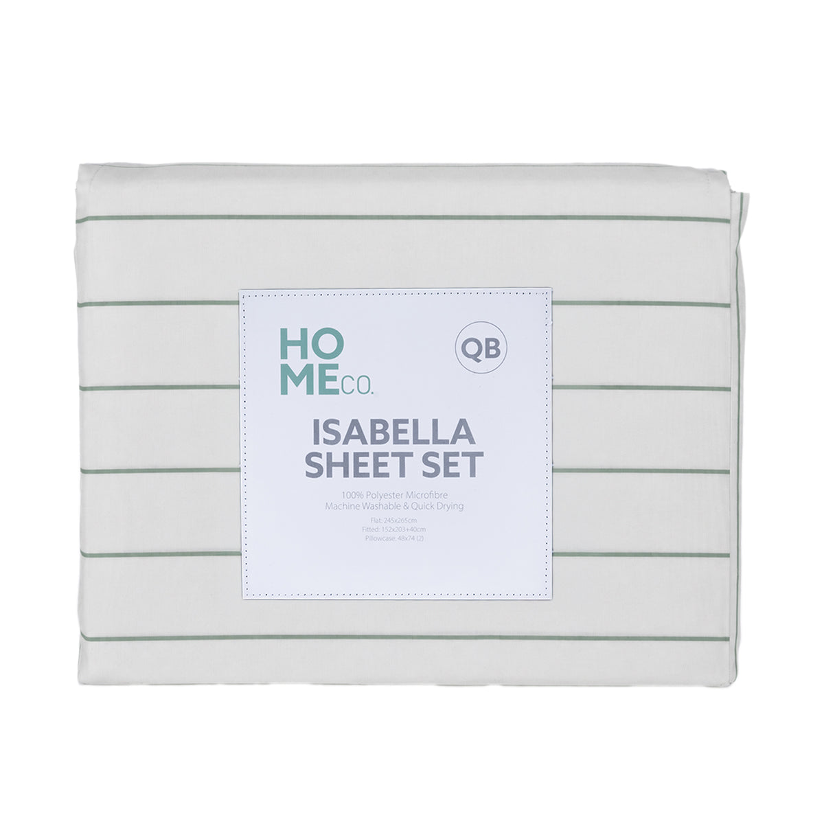 Home Co. Isabella Sheet Set in Seafoam, shown folded with fine green stripes and product label.
