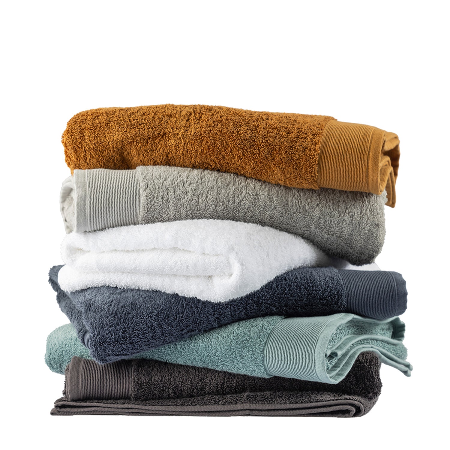 Stack of Egyptian cotton bath sheets in Marigold, Silver, White, Diesel Blue, Marine and Charcoal colourways.
