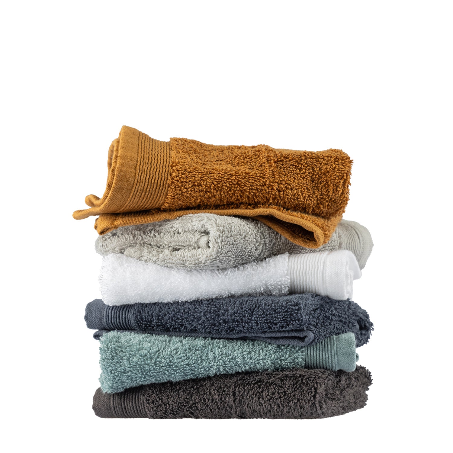 Stack of Egyptian cotton face cloths in Marigold, Silver, White, Diesel Blue, Marine and Charcoal colourways.