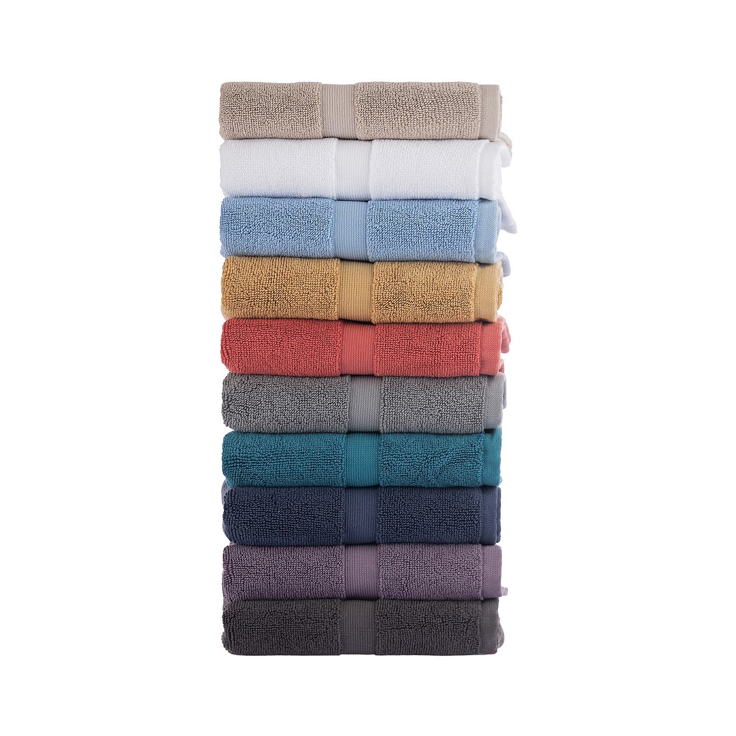 Stack of folded towels in a range of coordinating colours showcasing soft texture and versatile bathroom styling options.