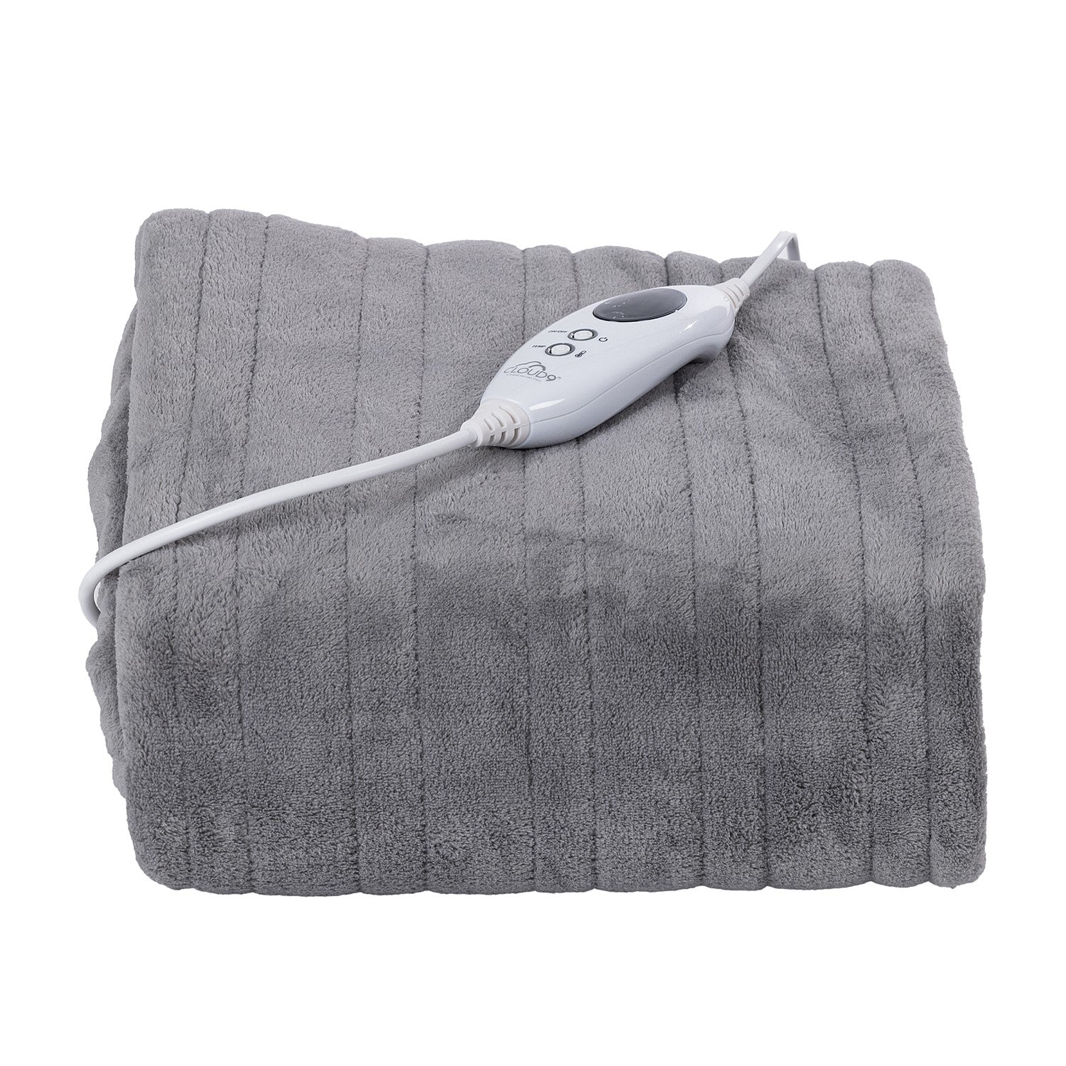 Gray electric blanket with a control panel on a white background