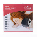 Cloud 9 Plush Heated Throw packaging featuring the black electric throw and removable LED controller.