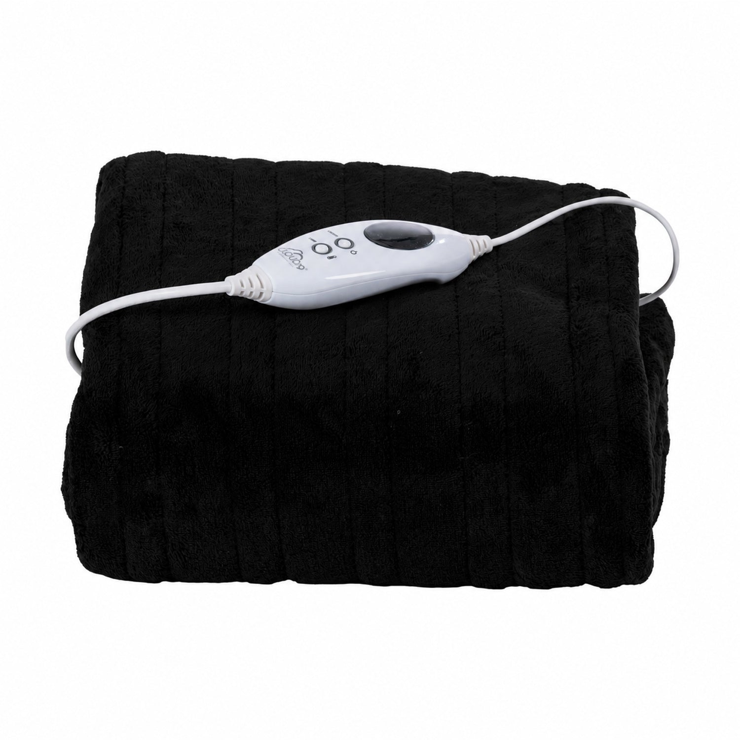Black plush electric throw folded with a removable white LED controller on top.