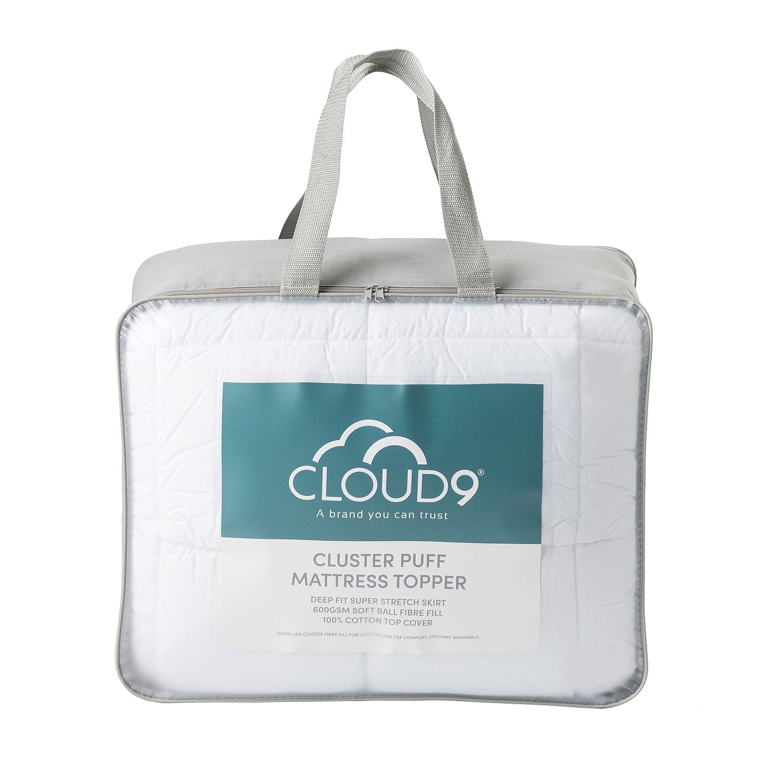 Cloud 9 Cluster Puff Mattress Topper White packaging with grey handles displayed on a white background