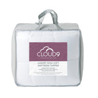 Cloud 9 Luxury High Loft Mattress Topper White packaging with grey handles displayed on a white background 