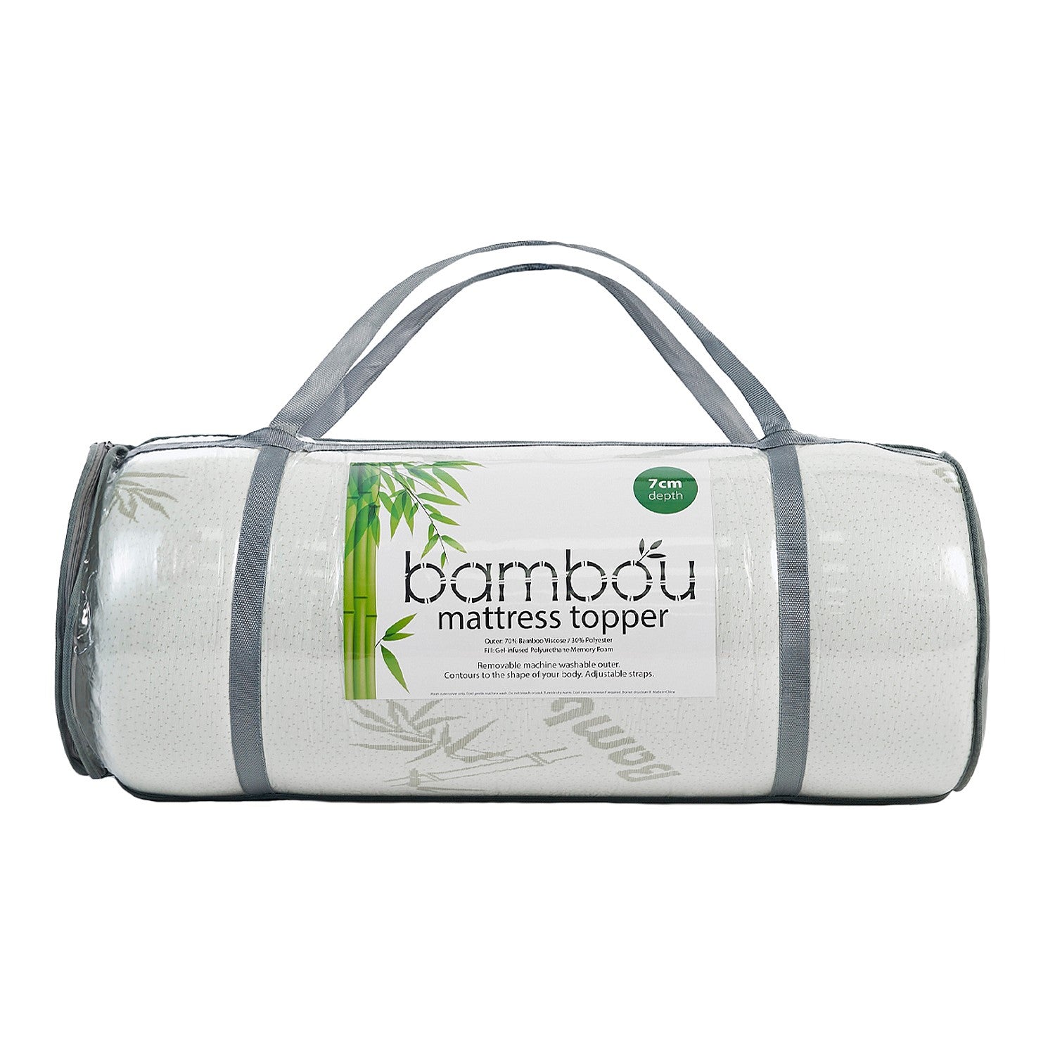 Bambou Mattress Topper packaging rolled up with grey straps