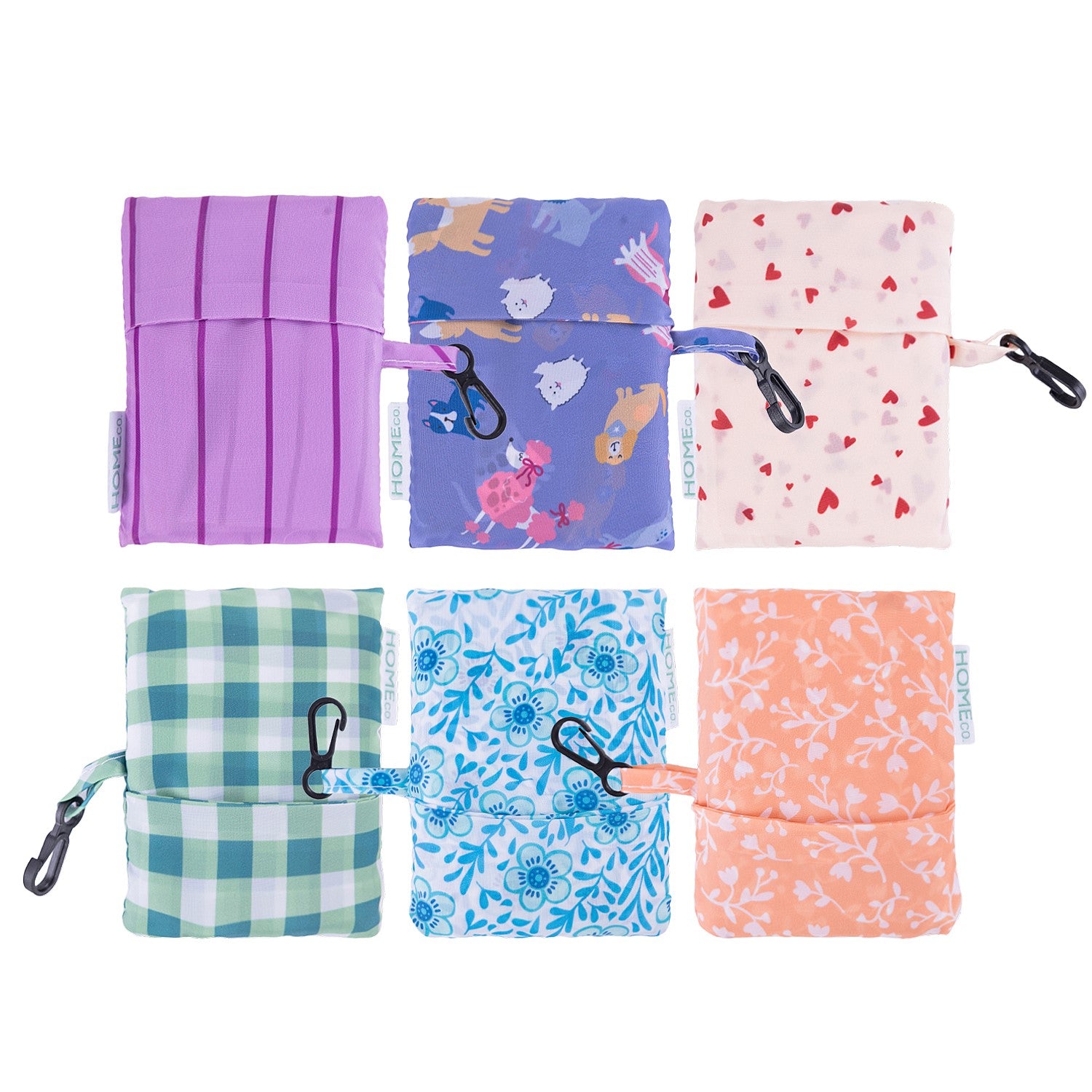 Set of six colorful fabric pouches with various patterns on a white background