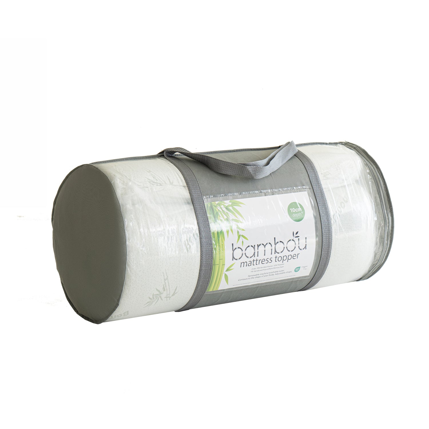 Bambou Memory Foam Mattress Topper with 10cm depth, rolled and packed in a clear carry bag with grey handles for convenient storage and transport.
