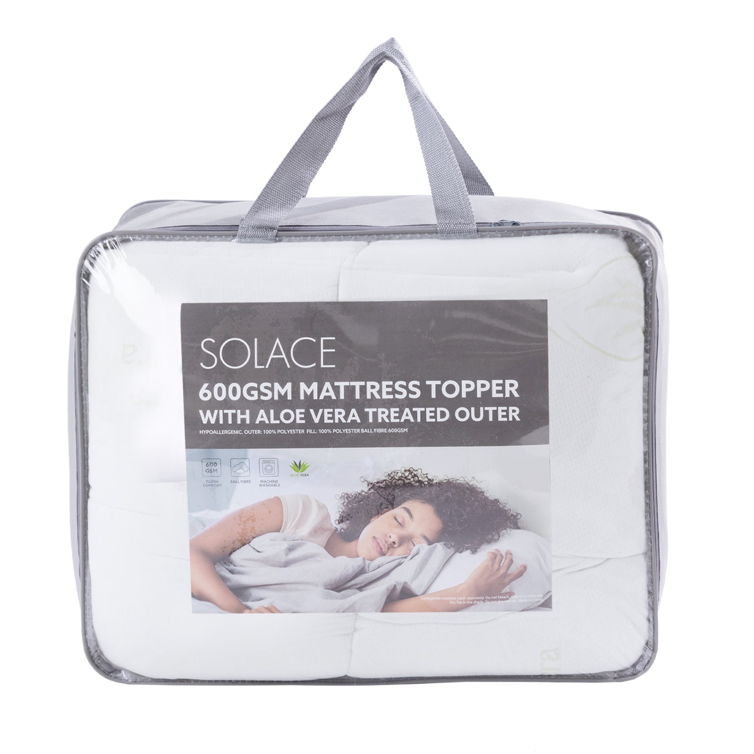 Solace 600gsm Mattress Topper With Aloe Vera Treated Outer white and grey packaging