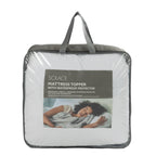 Solace Mattress Topper with Waterproof Protector packed in a clear storage bag with grey trim and carry handles.