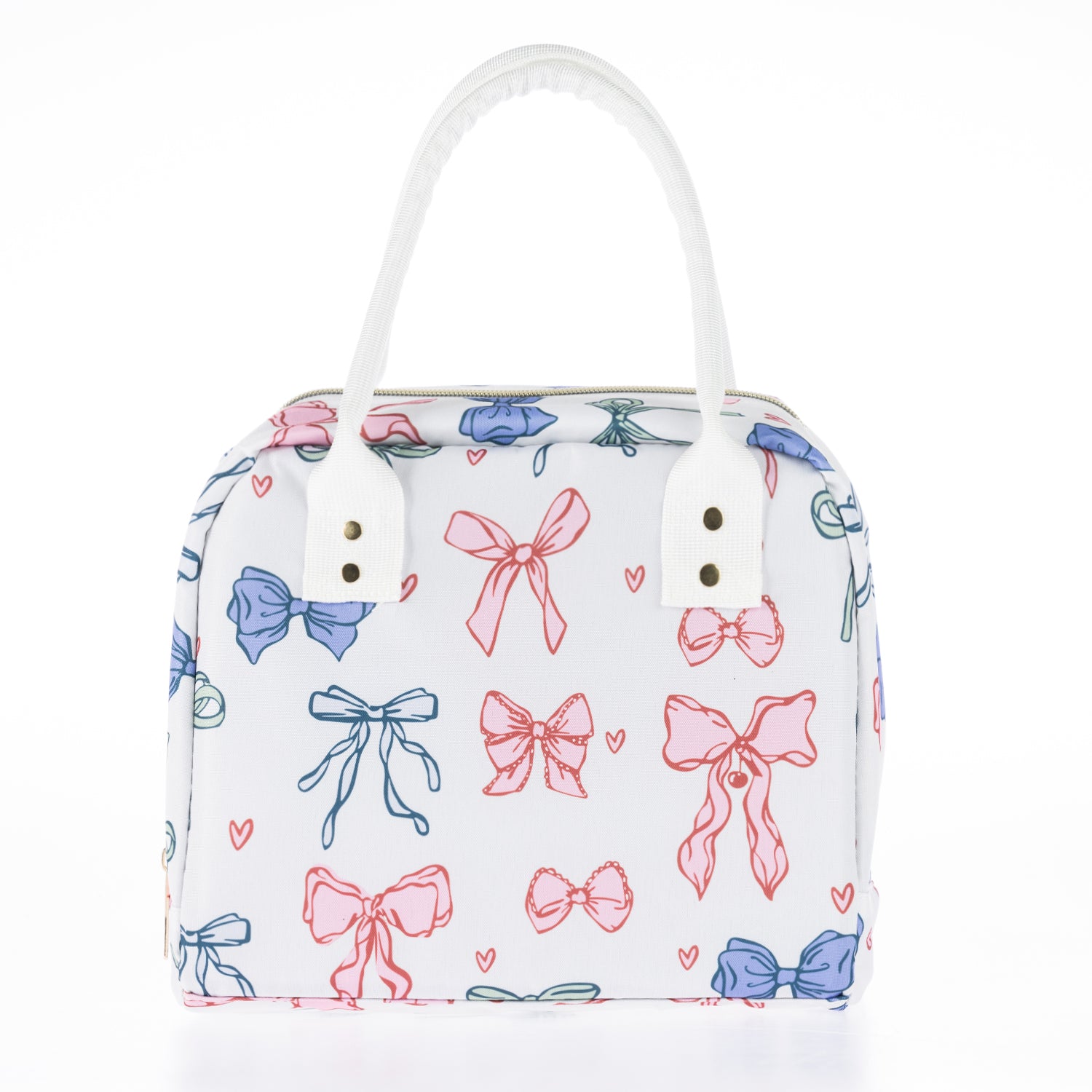 White lunch tote with colourful bow print, zip closure, carry handles, and gold stud details on a white background.