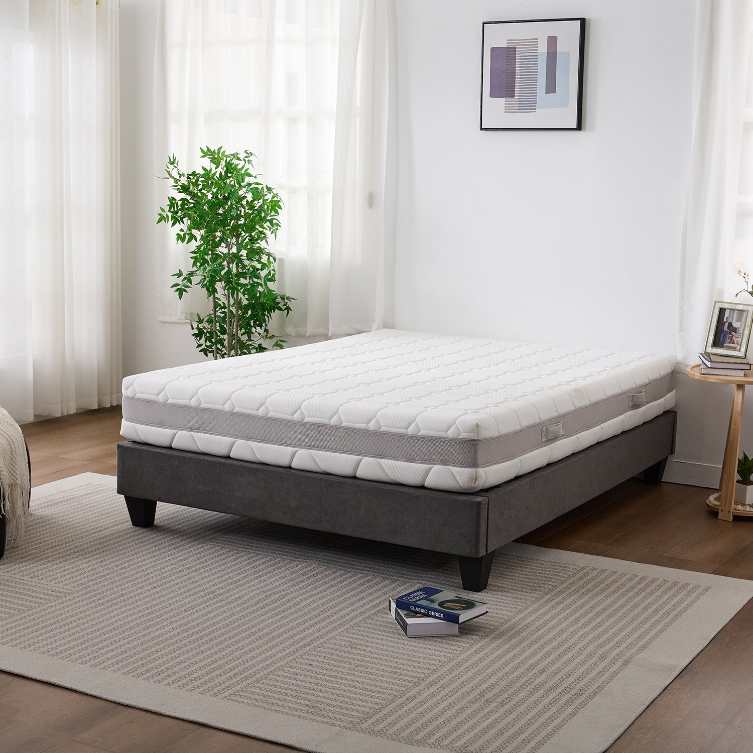 Cloud 9 Dual Side 7-Zone Mattress displayed on a grey bed base in a bright, modern bedroom.