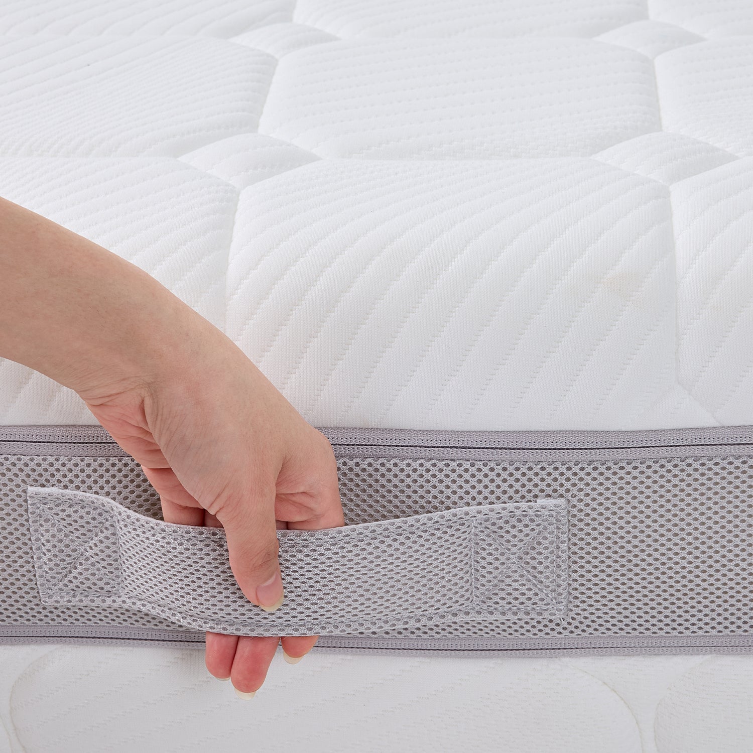 Close-up of the Cloud 9 Dual Side 7-Zone Mattress side carry handle for easy lifting and repositioning.
