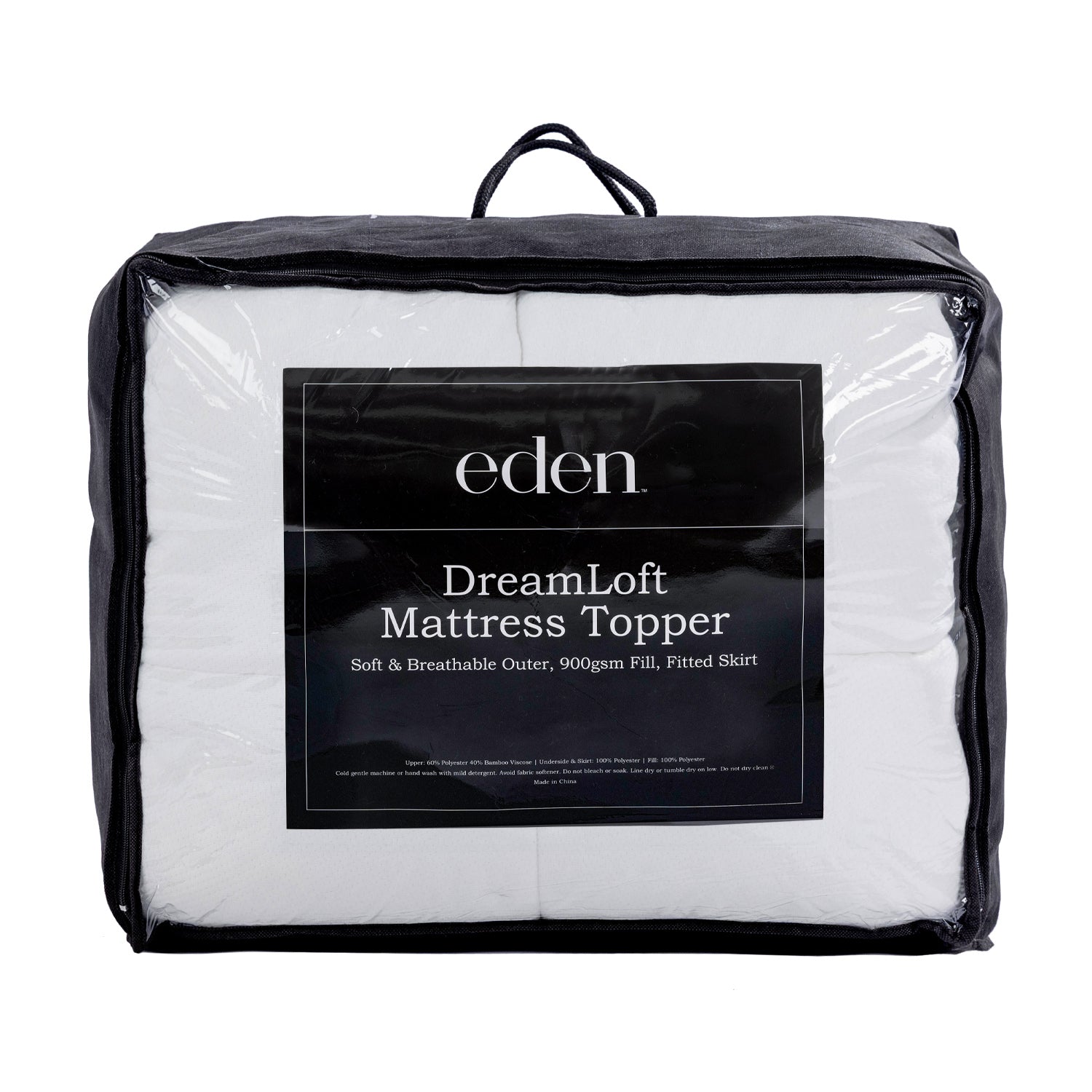 A packaged white mattress topper in a clear zippered storage bag with a black handle and a large black front label reading 'eden DreamLoft Mattress Topper'.