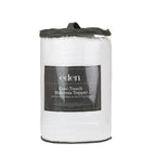 Eden Cool-Touch Mattress Topper in white, shown packaged in a clear storage bag with black trim and an Eden product label highlighting cool-touch fabric, 600gsm fill and secure corner straps.