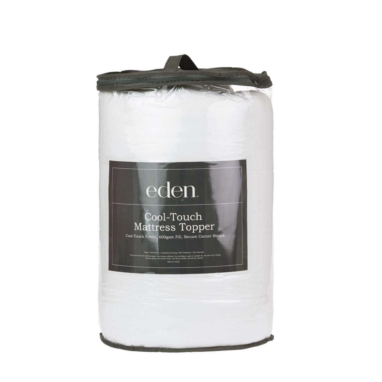 Eden Cool-Touch Mattress Topper in white, shown packaged in a clear storage bag with black trim and an Eden product label highlighting cool-touch fabric, 600gsm fill and secure corner straps.