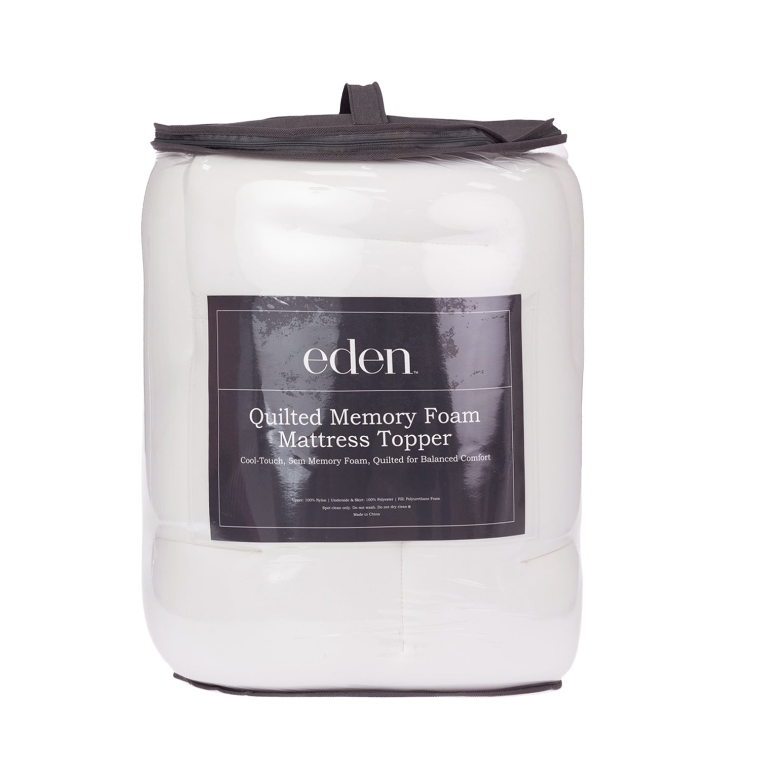Eden Quilted Memory Foam Mattress Topper in White, packaged in a clear zippered storage bag with carry handle and branded product insert.
