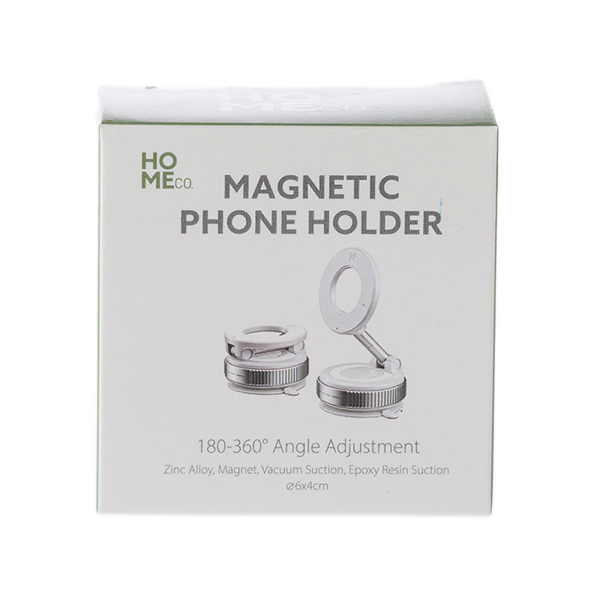 Home Co. Magnetic Phone Holder in White and Silver shown in its retail packaging.