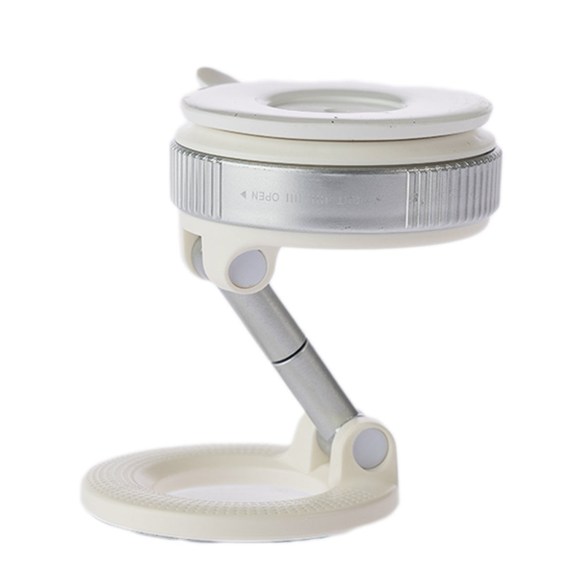 Home Co. White and Silver Magnetic Phone Holder shown unfolded with its adjustable arm and circular magnetic mount.