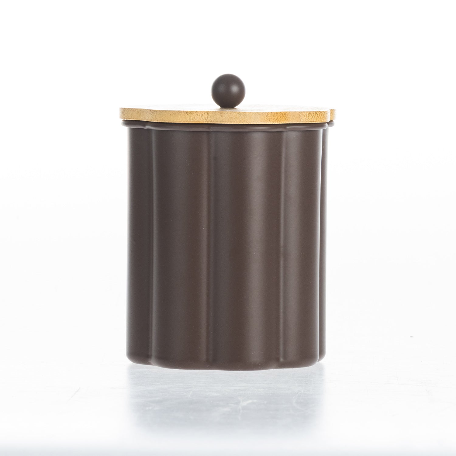 Gather Danni Canister in Cocoa featuring a fluted cylindrical design with the bamboo lid removed, highlighting the spacious interior and natural wood lid with matching round knob.