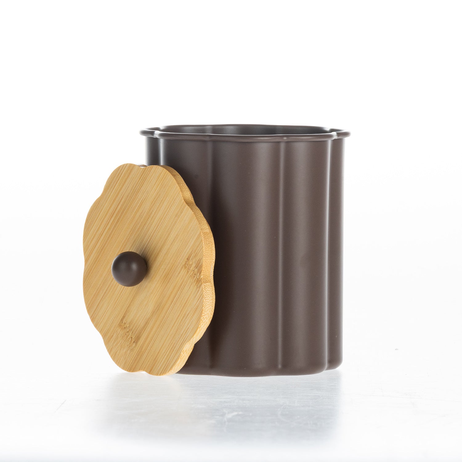 Gather Danni Canister in Cocoa featuring a fluted cylindrical design with the bamboo lid removed, highlighting the spacious interior and natural wood lid with matching round knob.