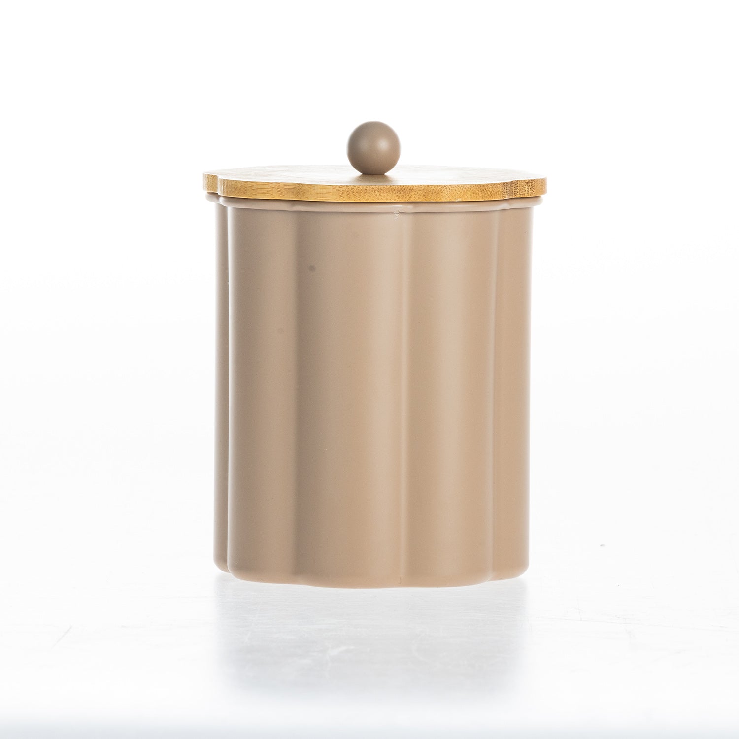 Gather Danni Canister in Mocha featuring a fluted cylindrical design with the bamboo lid removed, highlighting the spacious interior and natural wood lid with matching round knob.