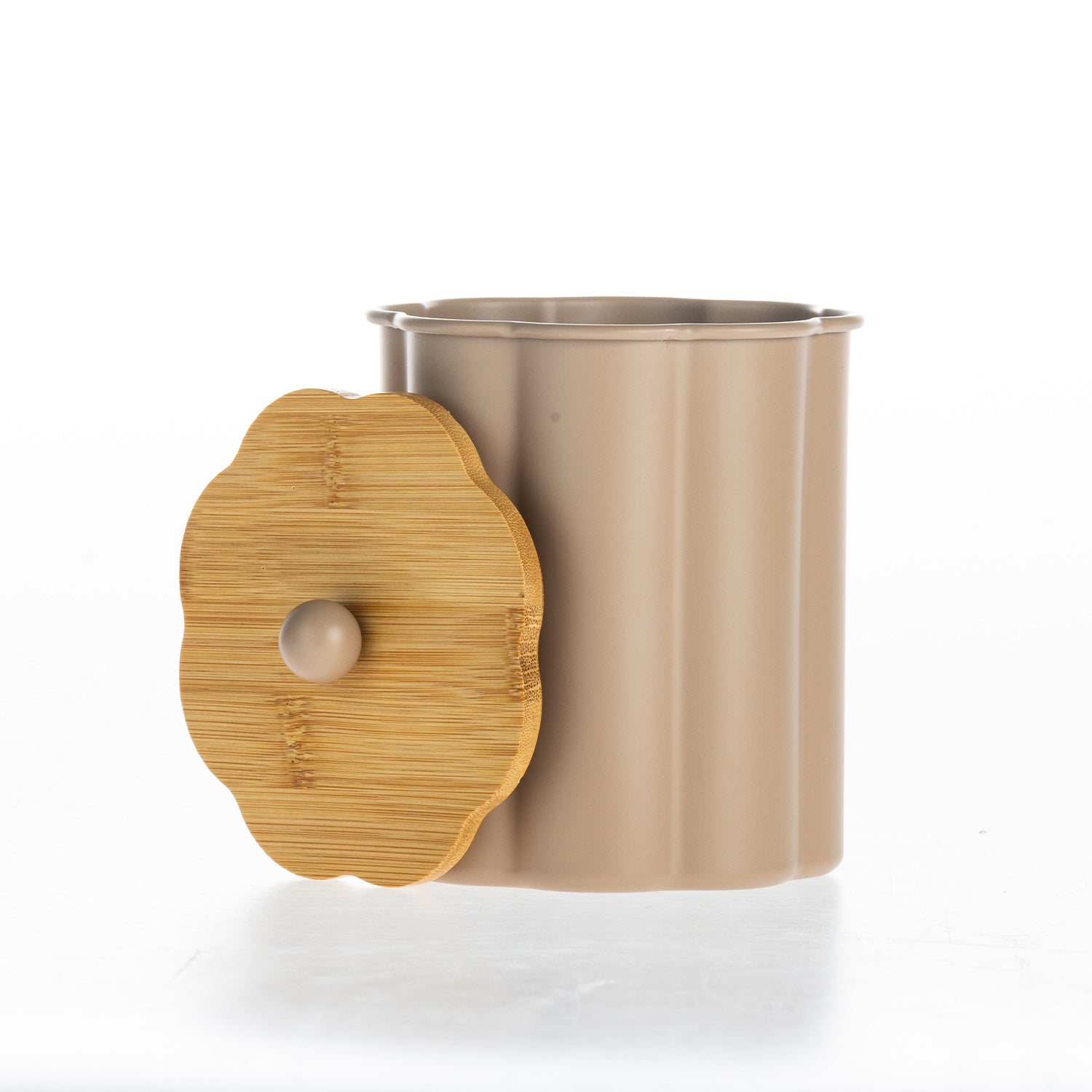 Gather Danni Canister in Mocha featuring a fluted cylindrical design with the bamboo lid removed, highlighting the spacious interior and natural wood lid with matching round knob.