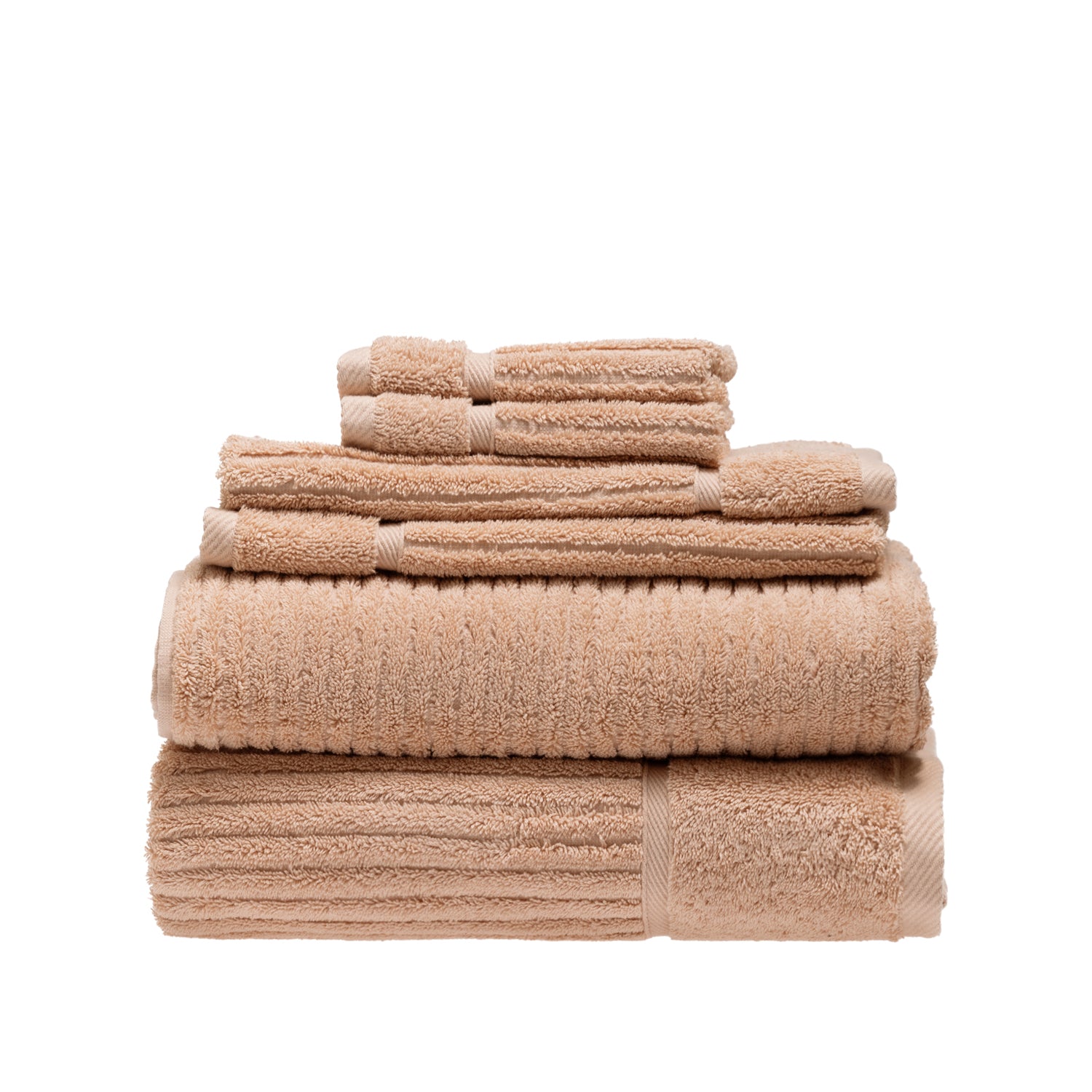 Design Plus Ivy Super Plush 650gsm Towel Pack in blush, featuring two bath towels, two hand towels and two face cloths neatly stacked.