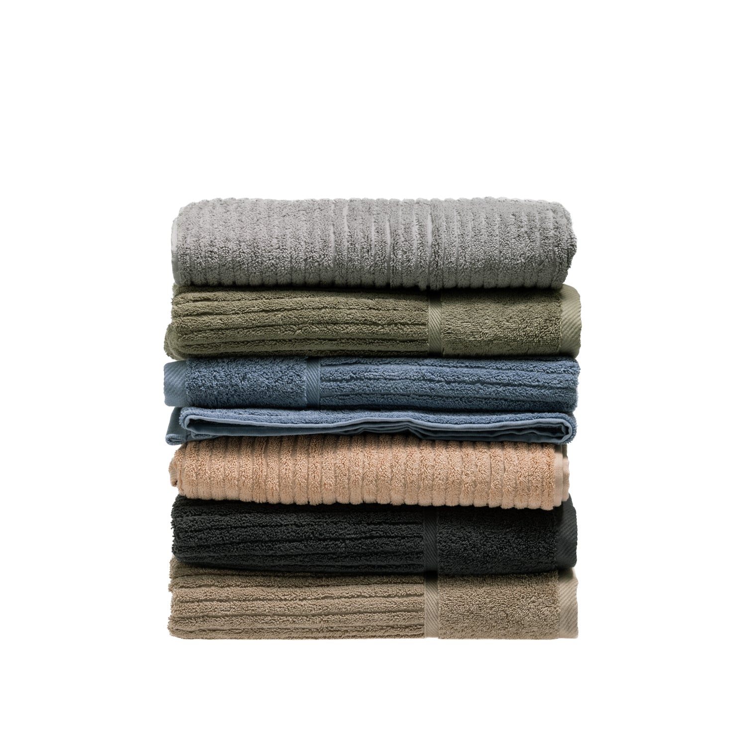 Design Plus Ivy towel range stacked in assorted colours, including silver, khaki, denim, blush, charcoal and taupe.