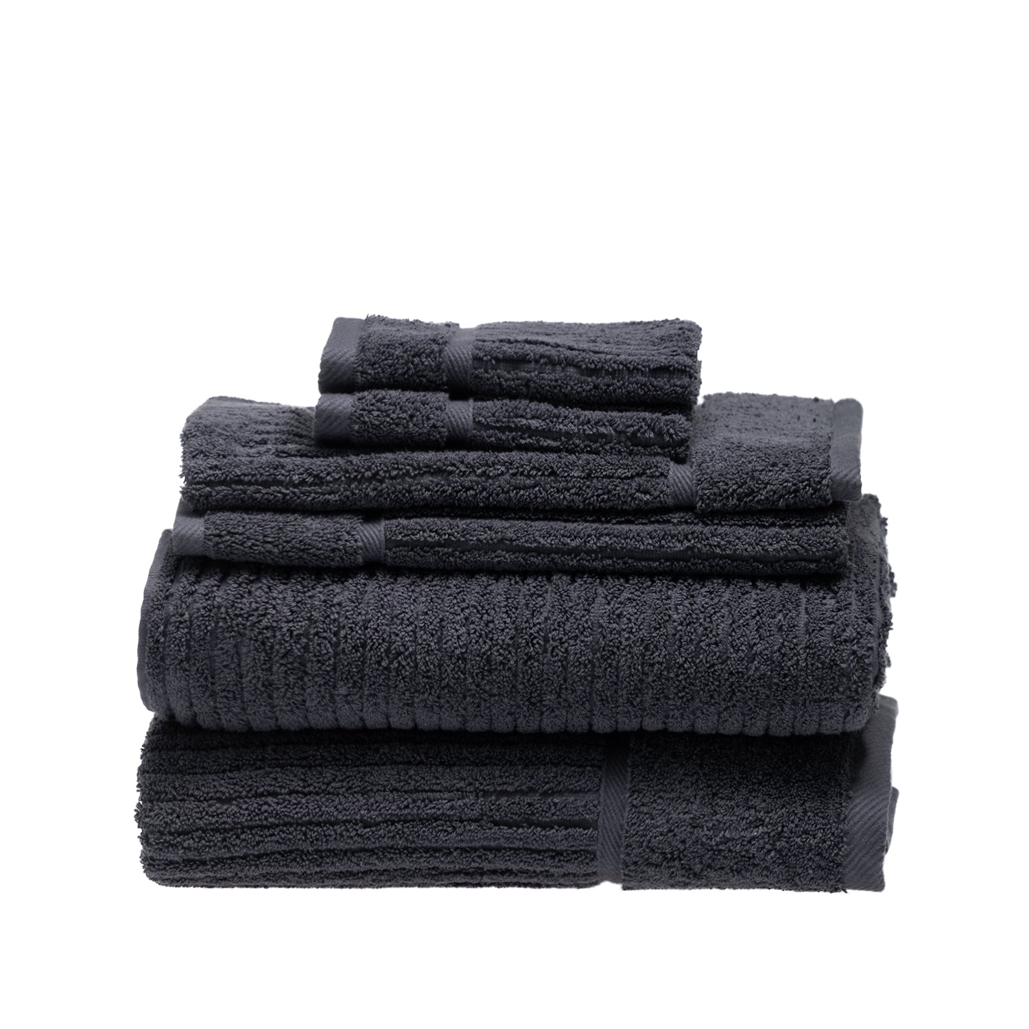 Design Plus Ivy Super Plush 650gsm Towel Pack in charcoal, featuring two bath towels, two hand towels and two face cloths neatly stacked.